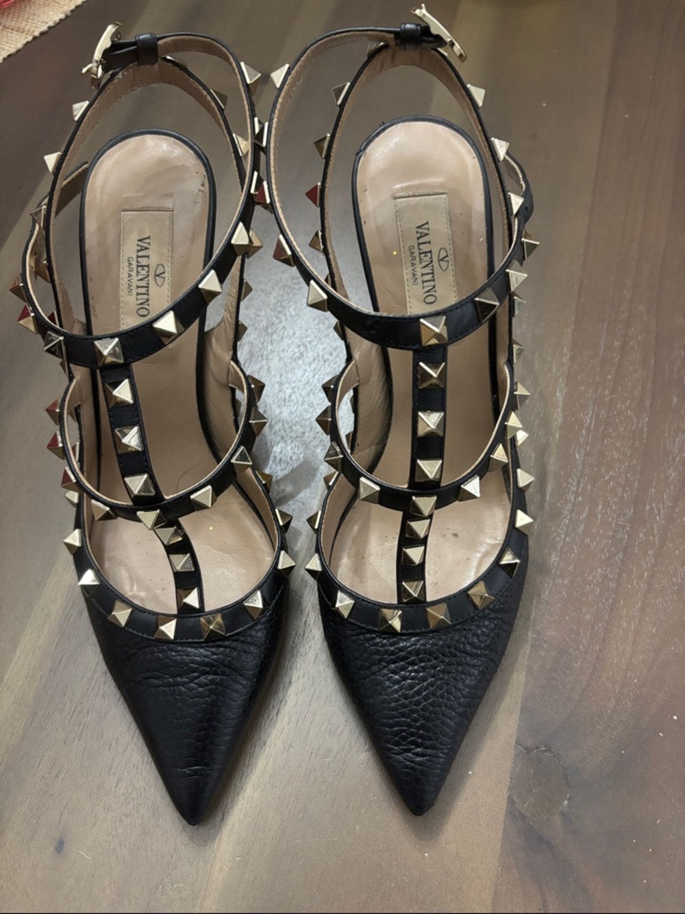 Valentino Black Leather Rockstud Pointed Slingback Heels